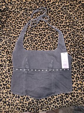 wild fable Charcoal Gray Halter Crop Top with Stud Detail